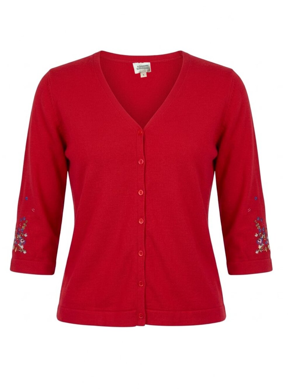 JACOB - RED Cardigan buttons down crew neck - Colored flowers embroidery large